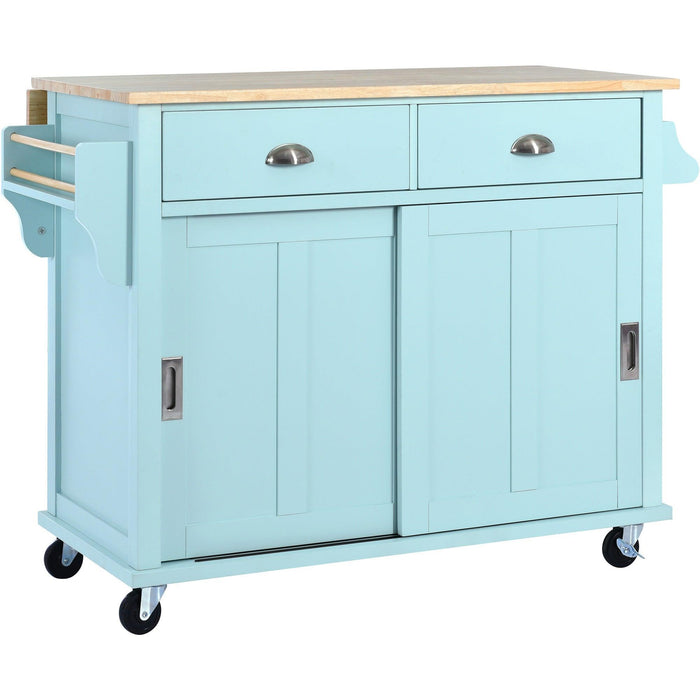 Kitchen Cart with Rubber wood Drop-Leaf Countertop, Concealed sliding barn door adjustable height,Kitchen Island on 4 Wheels withStorage Cabinet and 2 Drawers,L52.2xW30.5xH36.6 inch, Mint Green