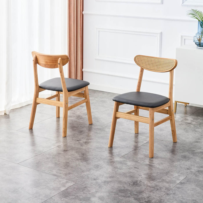 Solid Wood Dining Chair Stylish and Durable Small with Curved Backrest, PU+Foam Cushion, and Plastic Rattan Surface - Perfect for Any Room Décor and Daily Use (Set of 4)