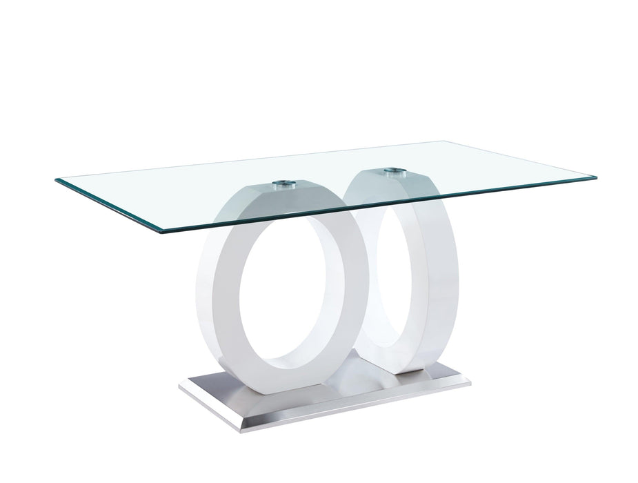 Contemporary Design Tempered Glass Dining Table with White MDF Middle Support and Stainless Steel Base