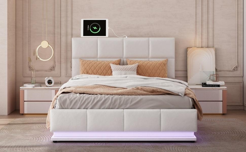 Tufted Upholstered Platform Bed with HydraulicStorage System,Queen Size PUStorage Bed with LED Lights and USB charger, White