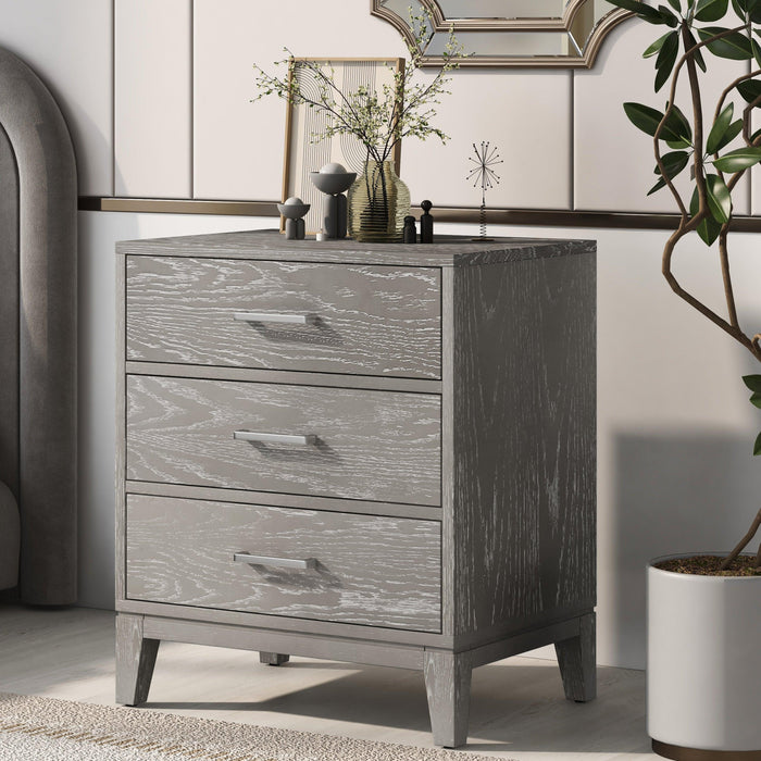 Modern Concise Style Solid wood Grey grain Three-Drawer Nightstand with Tapered Legs and Smooth Gliding Drawers