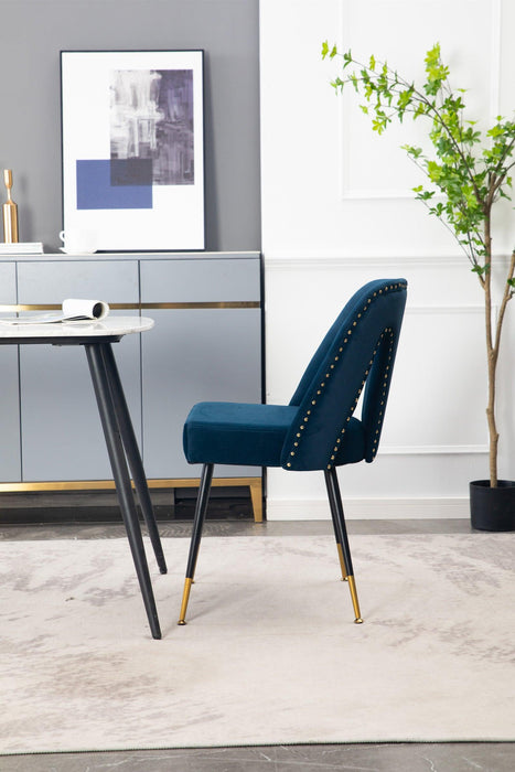 Akoya CollectionModern | Contemporary Velvet Upholstered Dining Chair with Nailheads and Gold Tipped Black Metal Legs,Blue,Set of 2