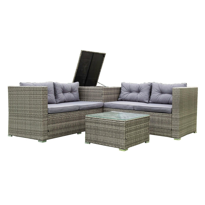 4 Piece Patio Sectional Wicker Rattan Outdoor Furniture Sofa Set withStorage Box Grey