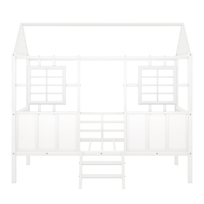 Twin Size Metal Low Loft House Bed with Roof and Two Front Windows , White