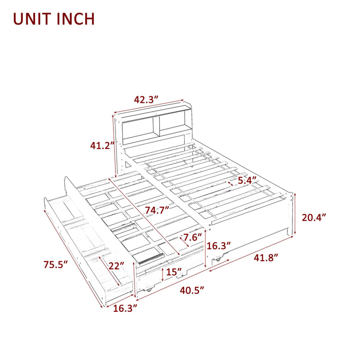 Twin Bed with Bookcase,Twin Trundle,Drawers,White