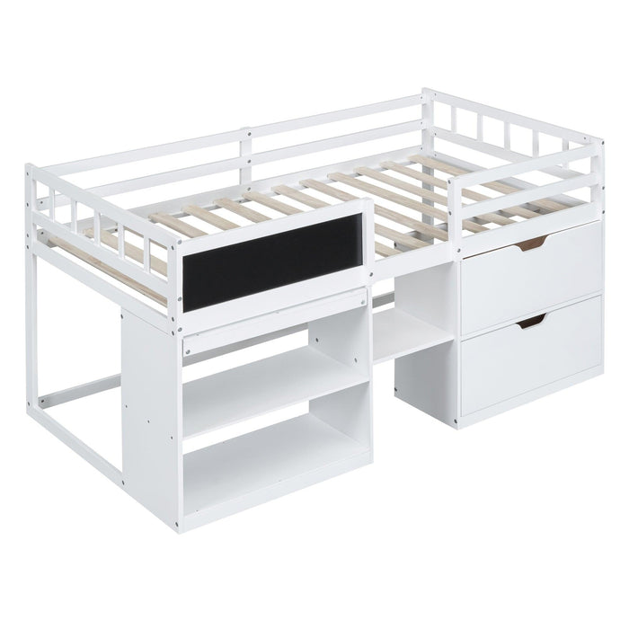 Twin Size Low Loft Bed with Rolling Desk, Shelf and Drawers - White