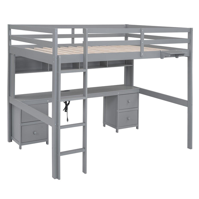 Full Size Loft Bed with Desk, Cabinets, Drawers and Bedside Tray, Charging Station, Gray