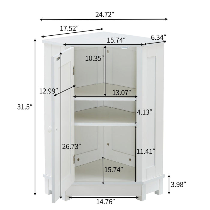 White Bathroom Cabinet Triangle CornerStorage Cabinet with Adjustable ShelfModern Style MDF Board