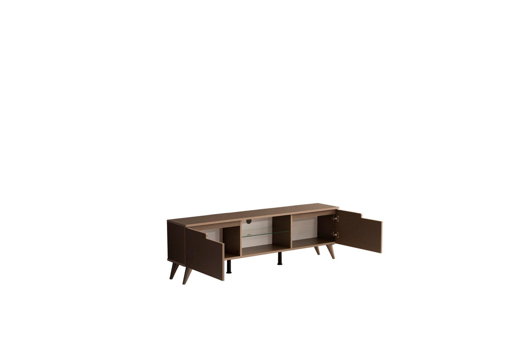 Denver Mid CenturyModern Tv Stand 2 Door Cabinets 1 Glass Shelf 66 inch Tv Unit, Brown