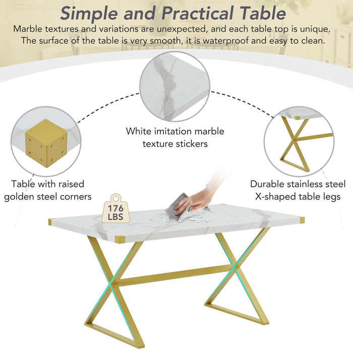 7-PieceModern Dining Table Set, Rectangular Marble Texture Kitchen Table and 6 PU leather Chairs with X-Shaped Gold Steel Pipe Legs for Dining Room (White)