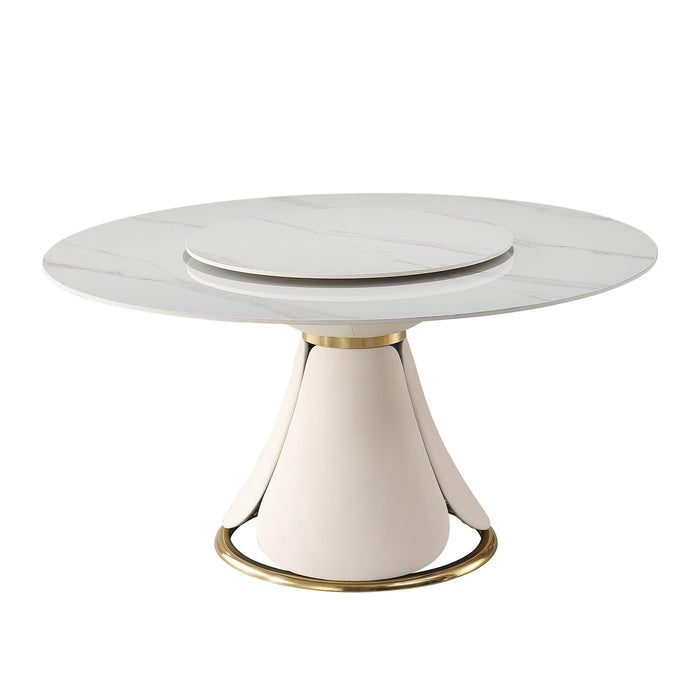 59.05"Modern Sintered stone dining table with 31.5" round turntable for 8 person with wood and metal exquisite pedestal