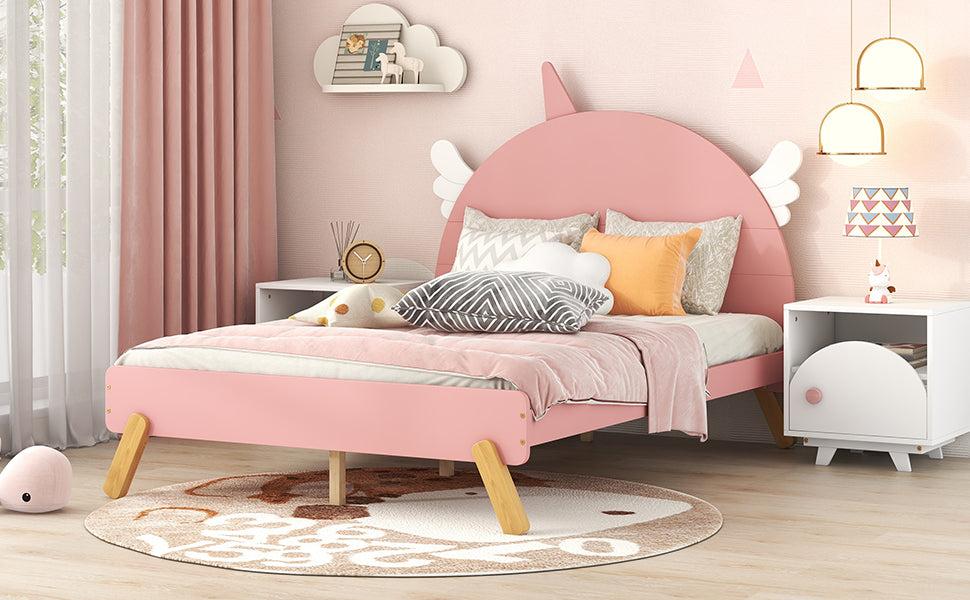 Wooden Cute Bed With Unicorn Shape Headboard,Full Size Platform Bed,Pink