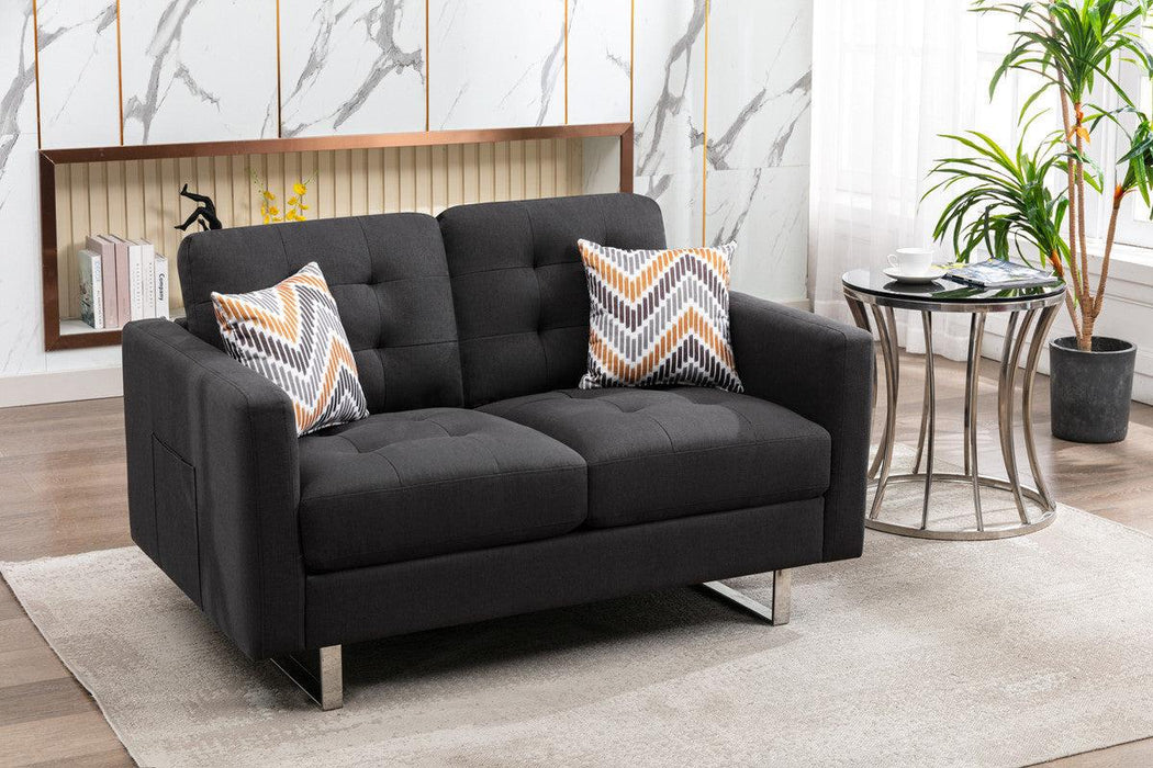 Victoria Dark Gray Linen Fabric Loveseat Chair Living Room Set with Metal Legs, Side Pockets, and Pillows