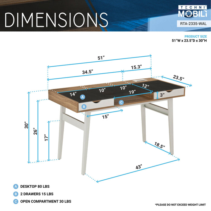 Techni Mobili Compact Computer Desk with MultipleStorage, Walnut