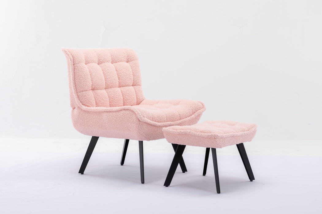 Modern Soft Teddy Fabric Material Large Width Accent Chair Leisure Chair Armchair TV Chair Bedroom Chair With Ottoman Black Legs For Indoor Home And Living Room,Pink