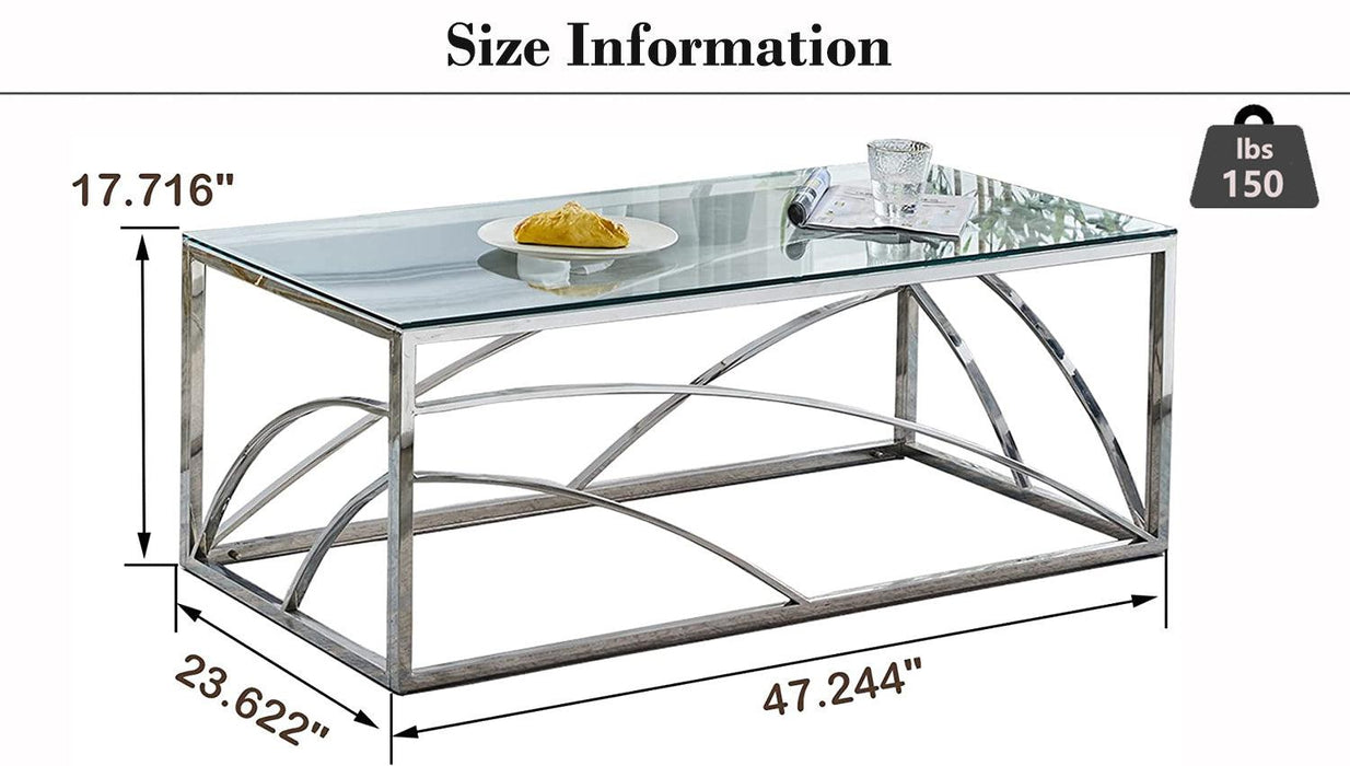 Stainless Steel Rectangular Accent Glass Coffee Table for Living Room- 46.8"Modern Sleek Center Table with Lounge Table with Clear Tempered Glass(Silver)