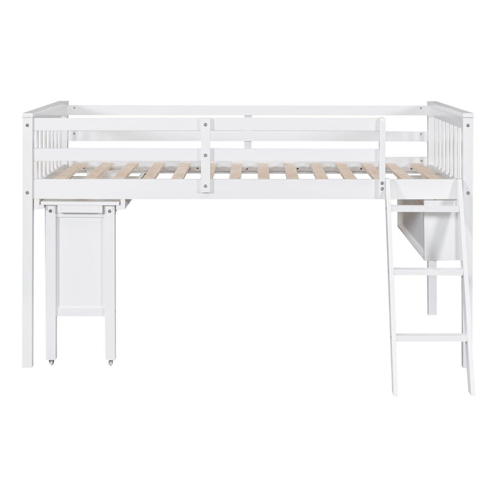 Twin Size Loft Bed With Removable Desk and Cabinet, White