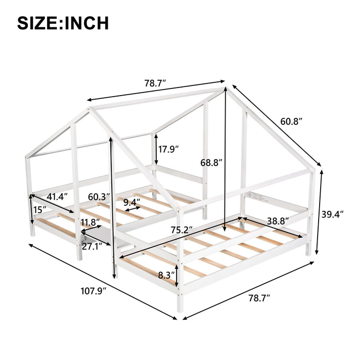 Double Twin Size Triangular House Beds with Built-in Table,White