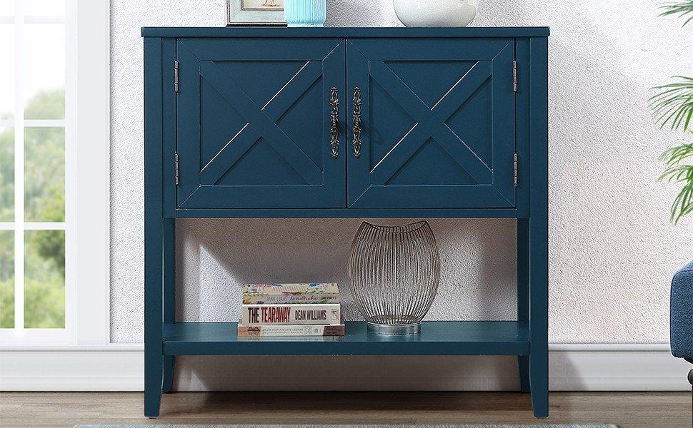 35’’ Farmhouse Wood Buffet Sideboard Console Table with Bottom Shelf and 2-Door Cabinet, for Living Room, Entryway,Kitchen Dining Room Furniture (Navy Blue)