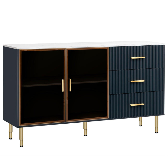 Modern Sideboard MDF Buffet Cabinet Marble Sticker Tabletop and Amber-yellow Tempered Glass Doors with Gold Metal Legs & Handles (Navy Blue)