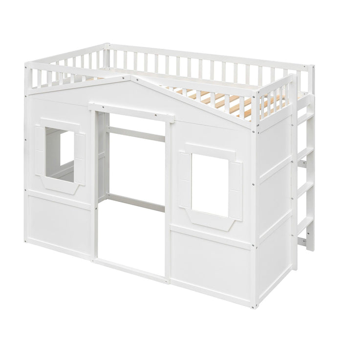 Twin Size House Loft Bed With Ladder-White