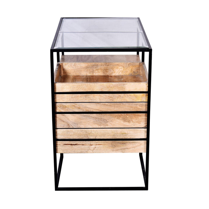 35 Inch HandcraftedModern Glass Table,Storage Shelves, 3 Drawers, Metal Frame, Natural Brown and Black