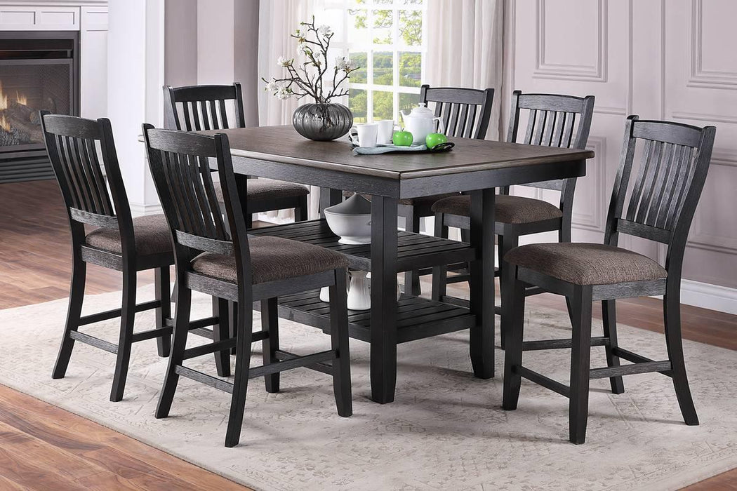 Transitional Dining Room 7pc Set Dark Coffee Rubberwood Counter Height Dining Table w 2x Shelfs and 6x High Chairs Fabric Upholstered seats Unique Back Counter Height Chairs