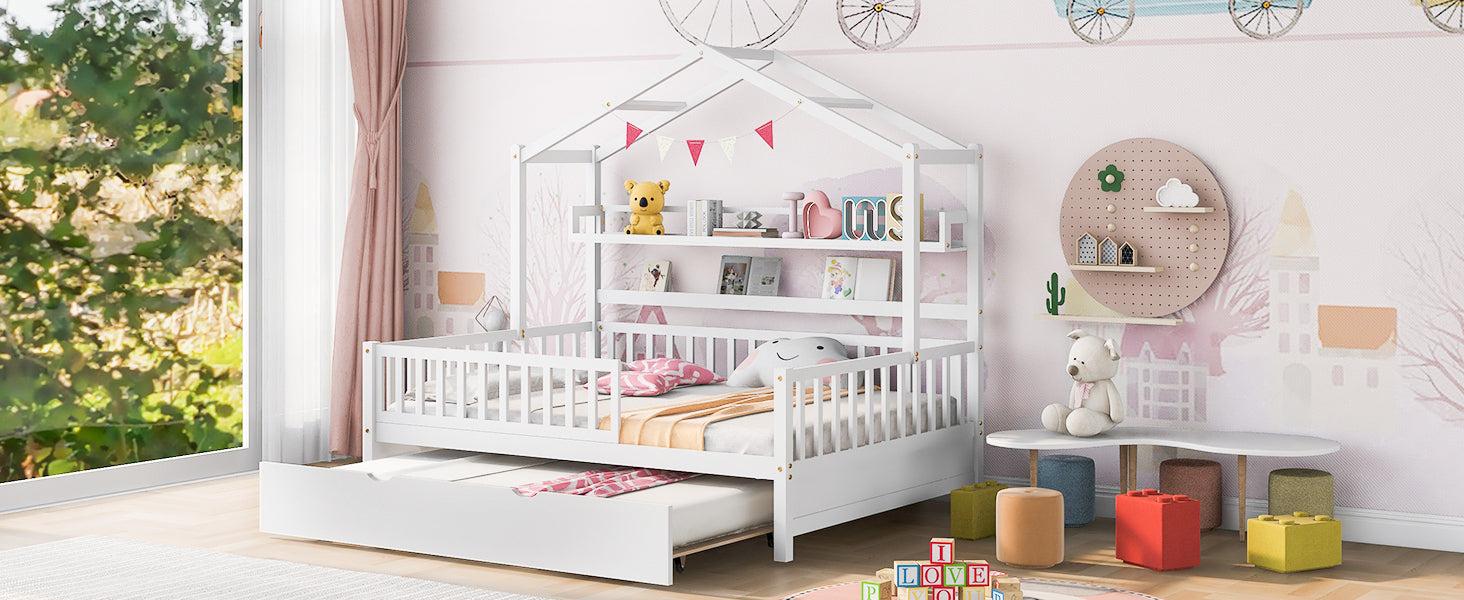 Wooden Full Size House Bed with Twin Size Trundle,Kids Bed with Shelf, White