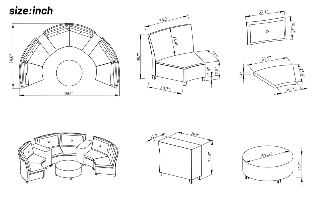 6-Person Fan-shaped Brown Rattan Suit with Gray Cushions and Coffee Table