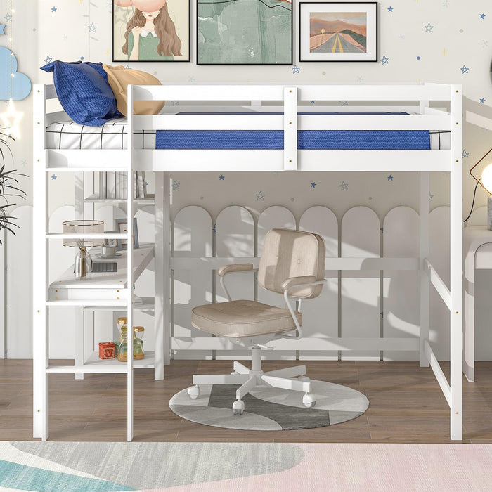 Full Loft Bed with Desk and Shelves,White