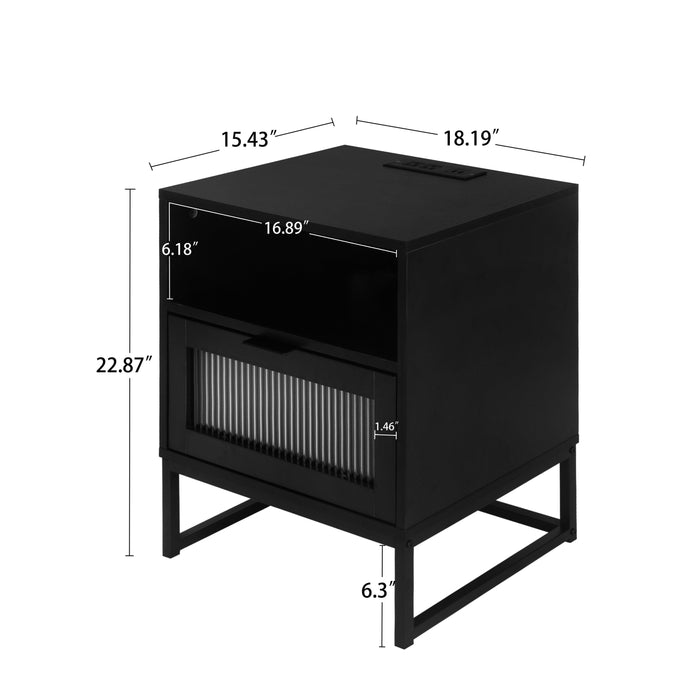 Nightstand with LED Lights / Drawer, Black Bedside Table for Bedroom