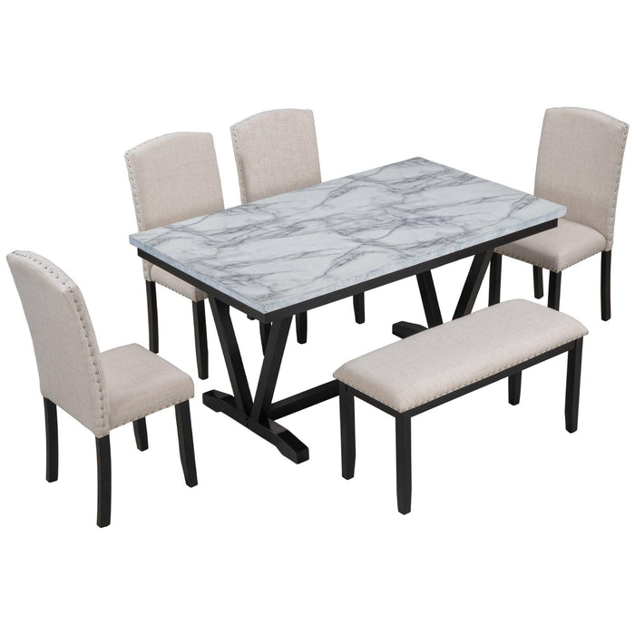 Modern Style 6-piece Dining Table with 4 Chairs & 1 Bench, Table with Marbled Veneers Tabletop and V-shaped Table Legs (White)