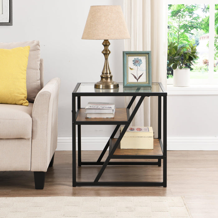 Black Side Table, End Table withStorage Shelf, Tempered Glass Coffee Table with Metal Frame for Living Room&Bed Room