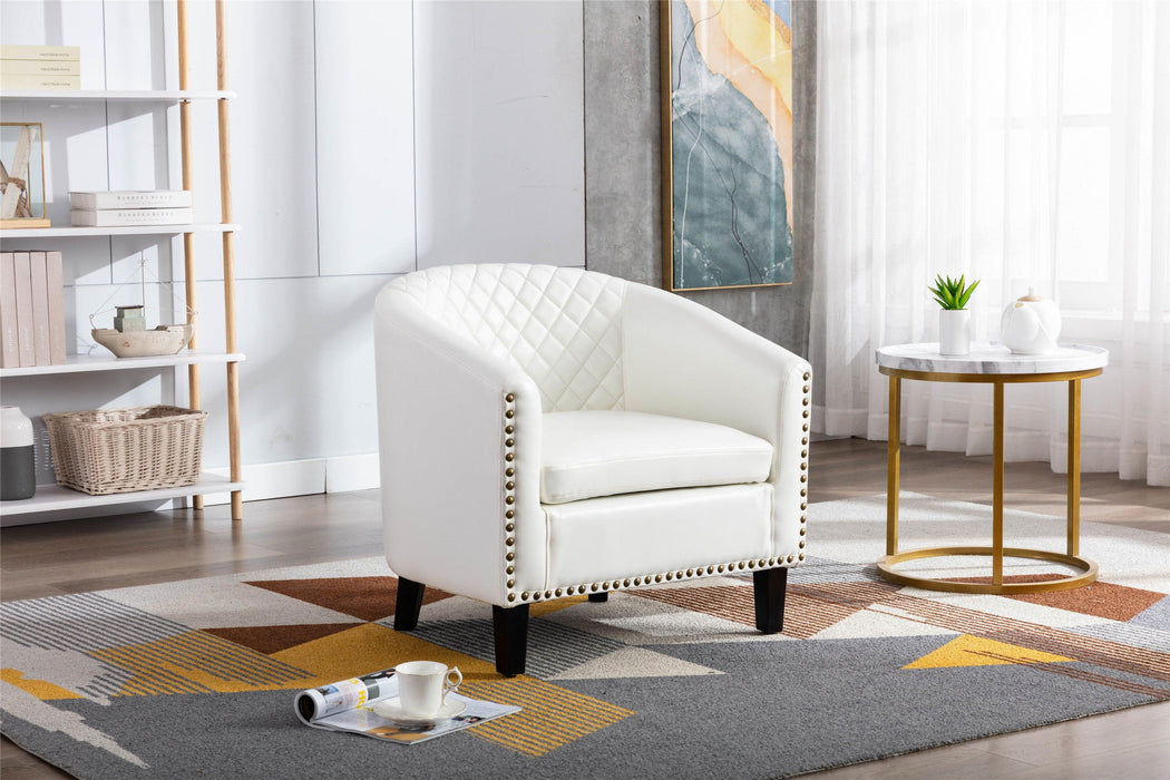 accent Barrel chair living room chair with nailheads and solid wood legs  white  pu leather