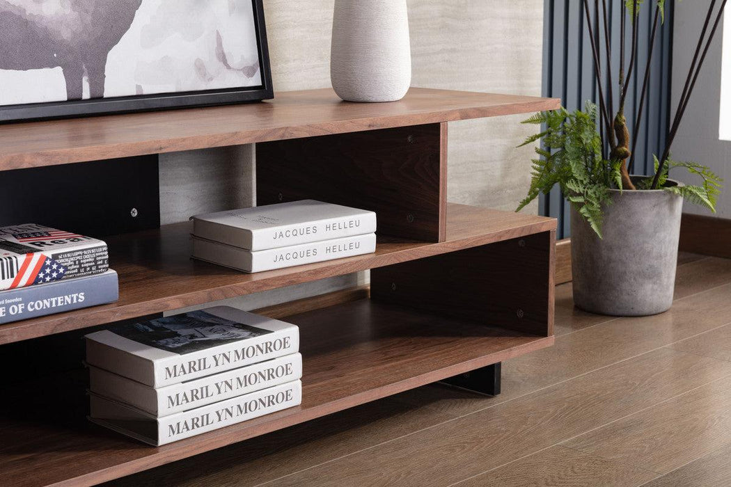 Iris Brown Walnut Finish TV Stand with 2 Levels of Shelves and Black Legs