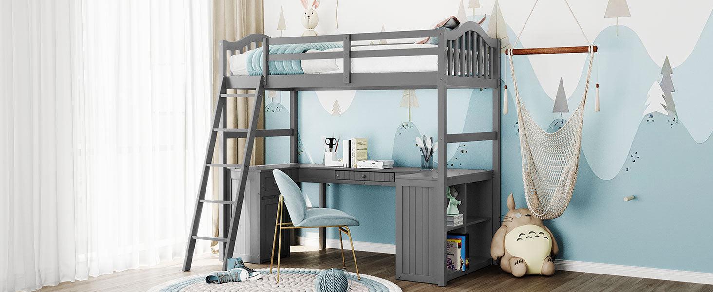 Twin size Loft Bed with Drawers, Cabinet, Shelves and Desk, Wooden Loft Bed with Desk - Gray