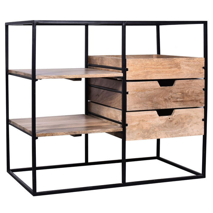 35 Inch HandcraftedModern Glass Table,Storage Shelves, 3 Drawers, Metal Frame, Natural Brown and Black