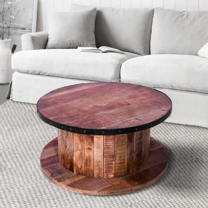 36 Inch ManWood Farmhouse Coffee Table with Rustic Plank Style Round Top and Base, Walnut and Natural Brown