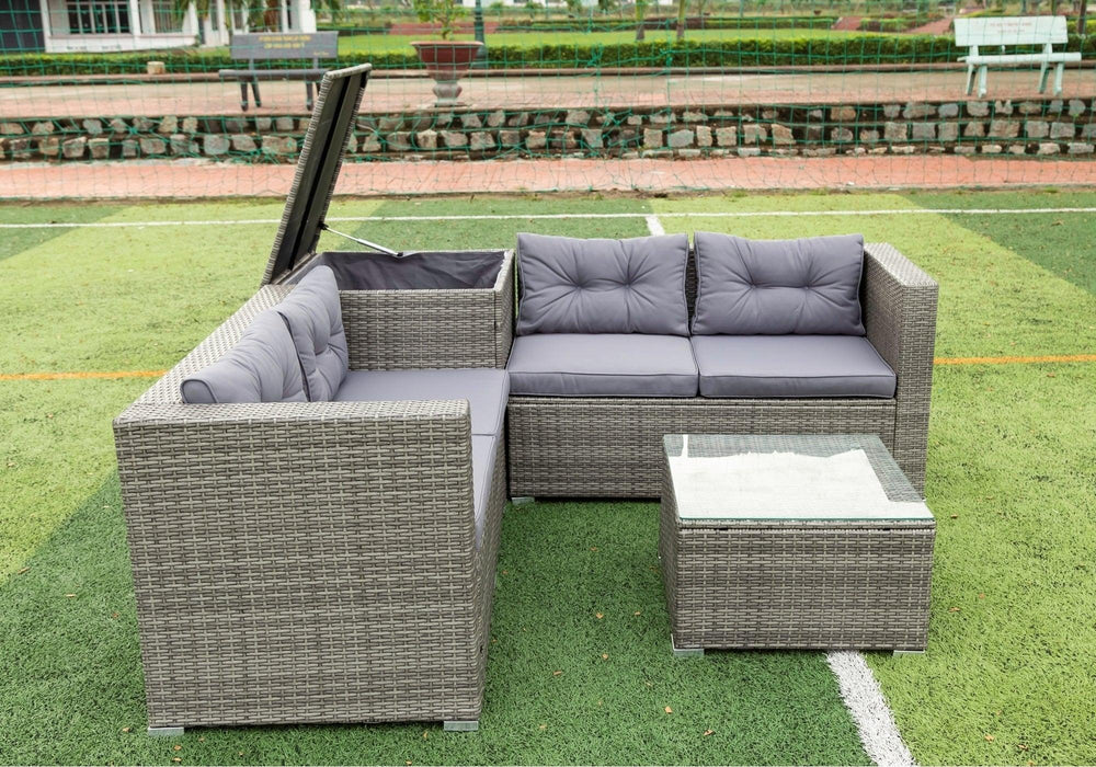 4 Piece Patio Sectional Wicker Rattan Outdoor Furniture Sofa Set withStorage Box Grey