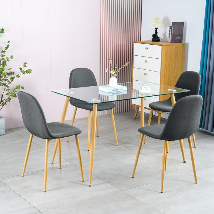 Dining Table SetModern 5 Pieces Dining Room Set Mid Century Tempered Glass Kitchen Table and 4 Deep GreyModern Fabric Chairs with wood-transfer Metal Legs