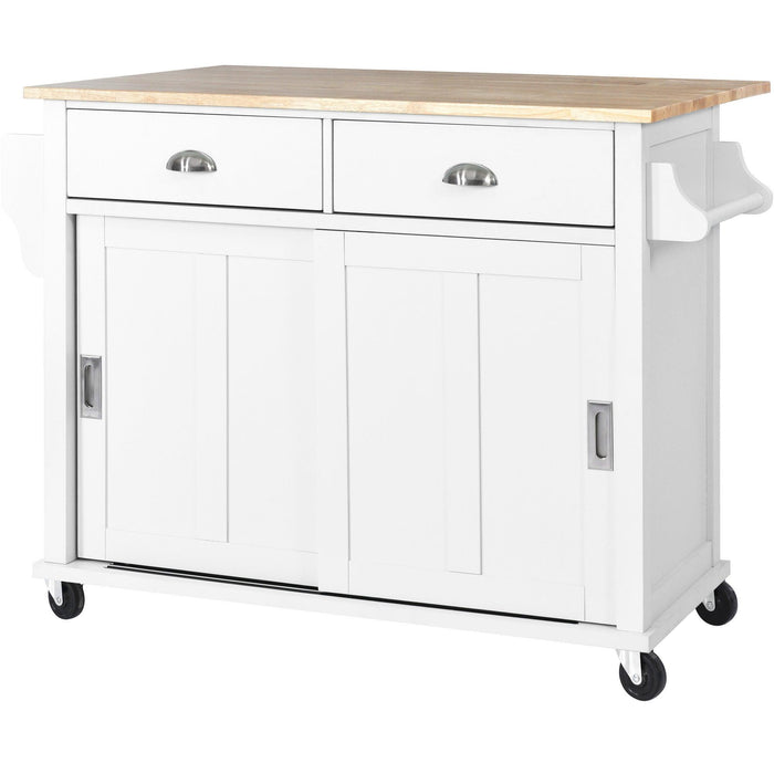 Kitchen Cart with Rubber wood Drop-Leaf Countertop, Concealed sliding barn door adjustable height,Kitchen Island on 4 Wheels withStorage Cabinet and 2 Drawers,L52.2xW30.5xH36.6 inch, White