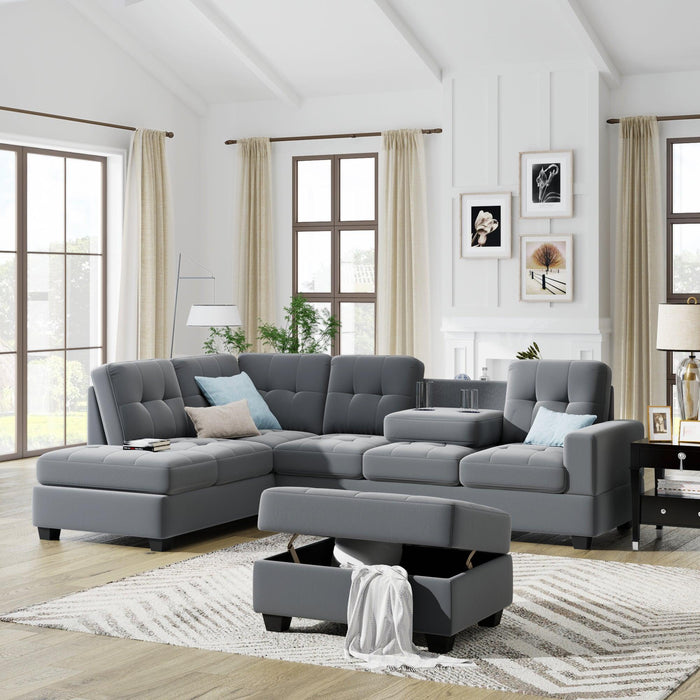 Sectional Sofa with Reversible Chaise Lounge, L-Shaped Couch withStorage Ottoman and Cup Holders