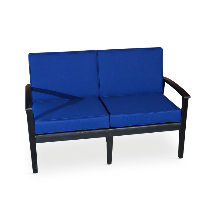 Eucalyptus Loveseat with Cushions, Espresso Finish, Navy Cushions