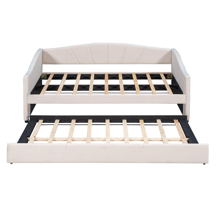 Upholstered Daybed Sofa Bed Twin Size With Trundle Bed and Wood Slat ,Beige