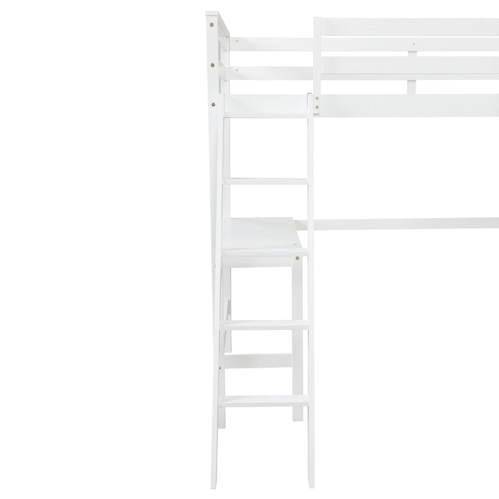 Twin Loft Bed with desk,ladder,shelves , White