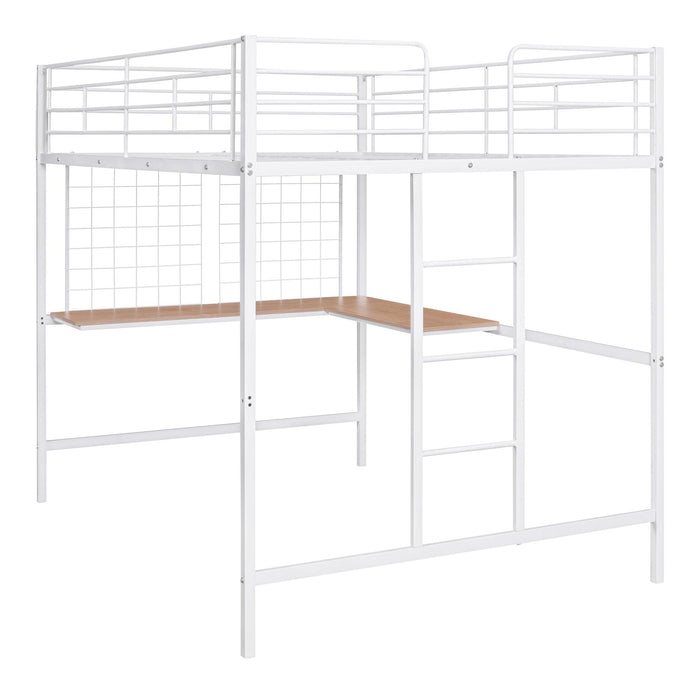 Full Metal Loft Bed with Desk and Metal Grid, White