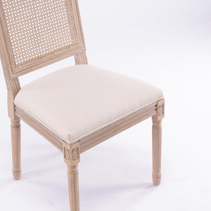 French Style Solid Wood Frame Linen Fabric Antique Painting Rattan Back Dining Chair ,Seat of 2,Cream