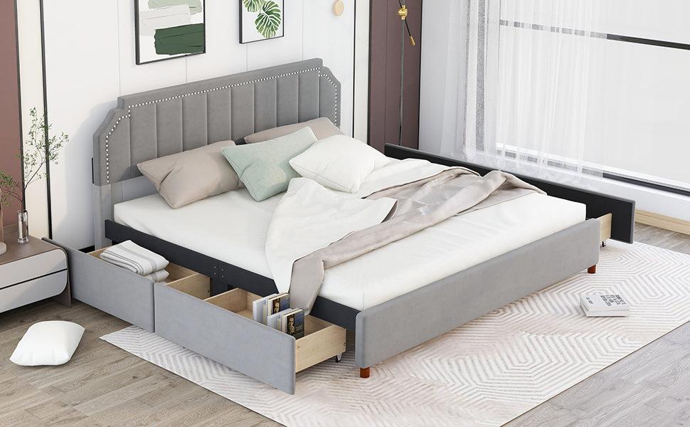 King Size Upholstery Platform Bed with FourStorage Drawers,Support Legs,Grey