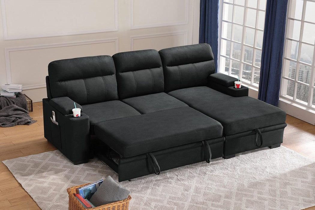 Kaden Black Fabric Sleeper Sectional Sofa Chaise withStorage Arms and Cupholder