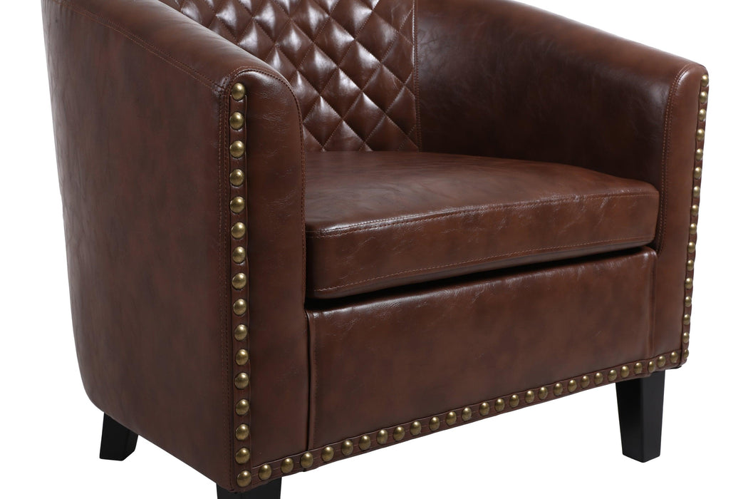 accent Barrel chair living room chair with nailheads and solid wood legs  Brown pu leather